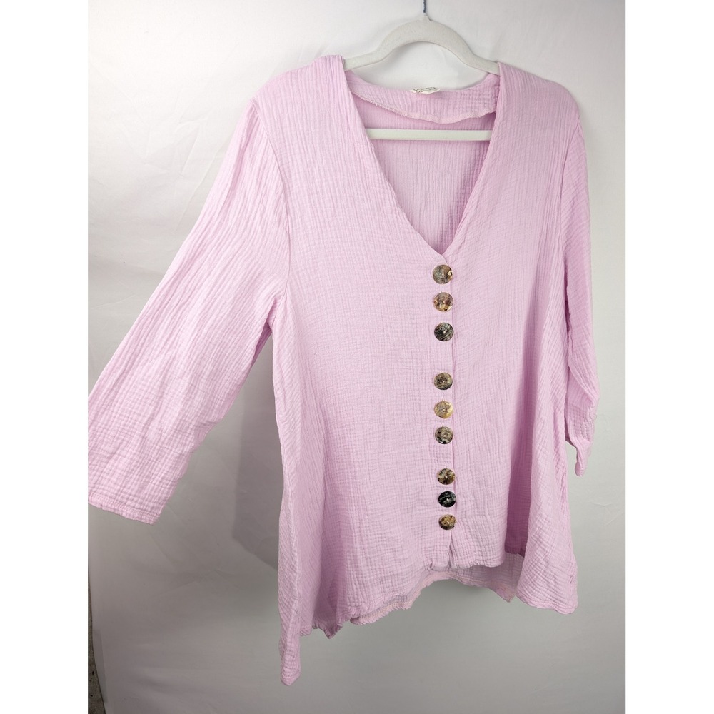 100% Cotton Gauze V Neck Shell Button Top Size S Pink Coastal Boho Resort Beach